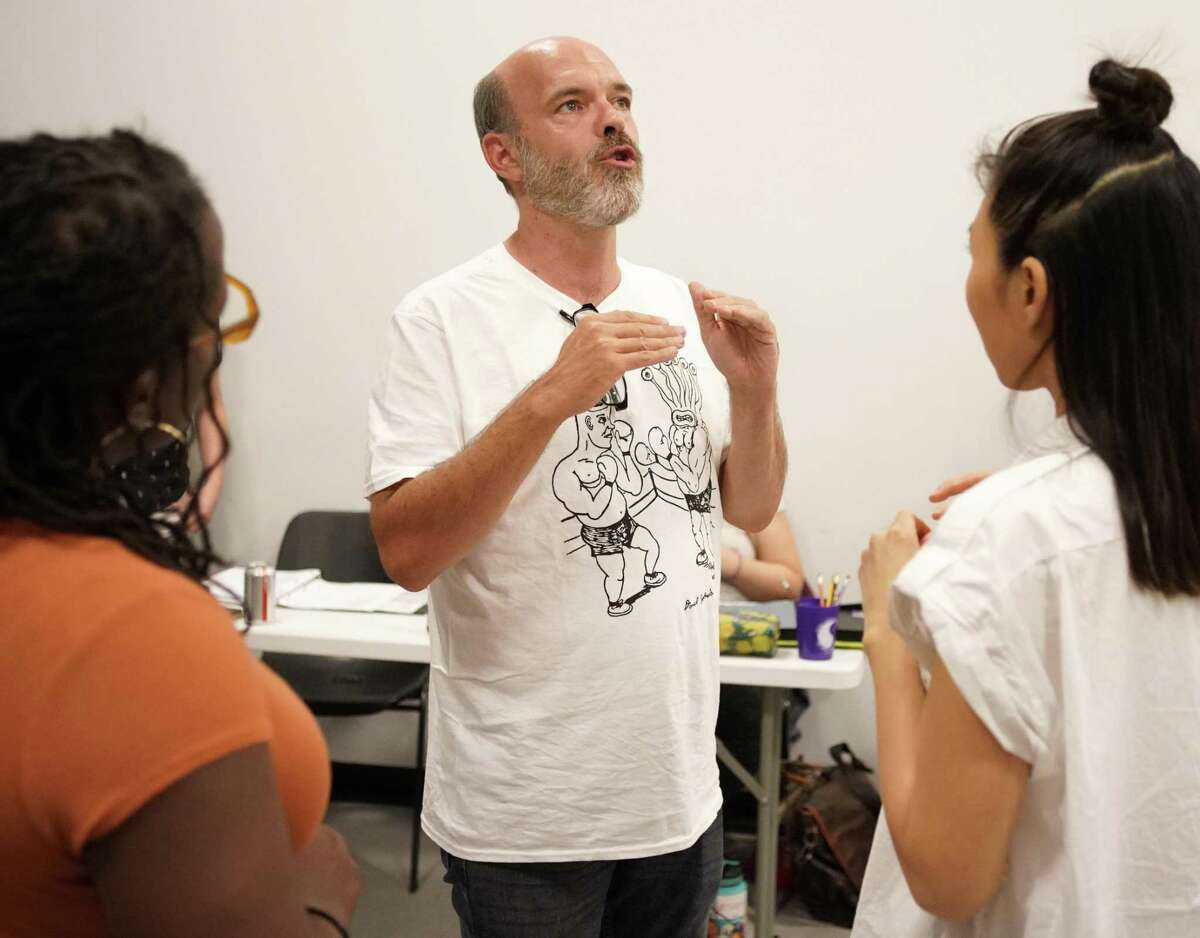 Jason Nodler talks with actors during the Catastrophic Theatre rehearsal of Speeding Motorcycle Thursday, June 13, 2019, in Houston.
