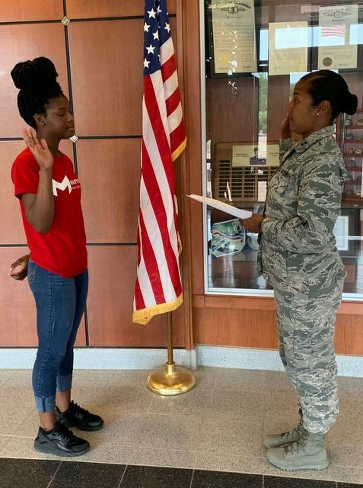 Belleville native Alayah Douglas enlisted in the Illinois Air National Guard during a ceremony on June 3 at Scott Air Force Base. Douglas enlisted into the 126th Air Refueling Wing - Mission Support Group and will serve as a Personnel Airman