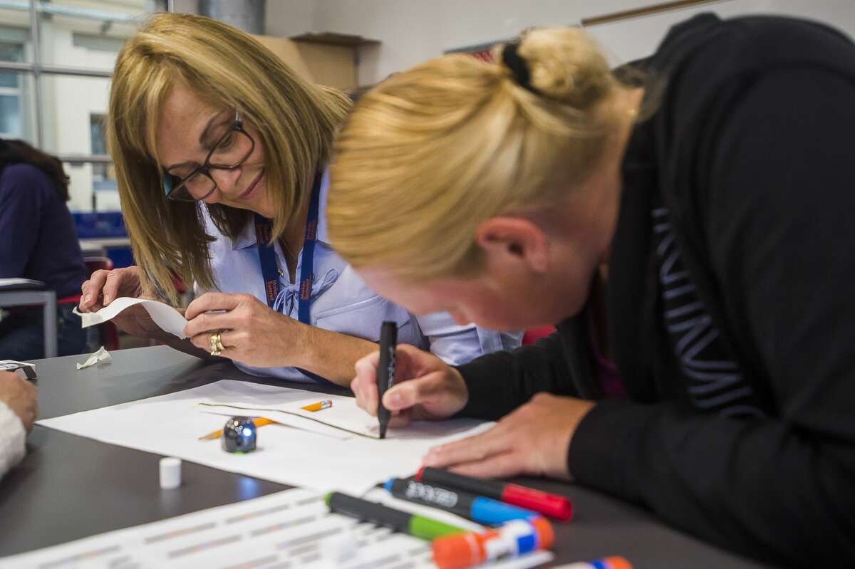 Teachers learn about small programmable robot, called Ozobots, during a professional development day hosted by the Regional Educational Media Center Association of Michigan on Thursday, June 20, 2019 at Central Park Elementary. (Katy Kildee/kkildee@mdn.net)