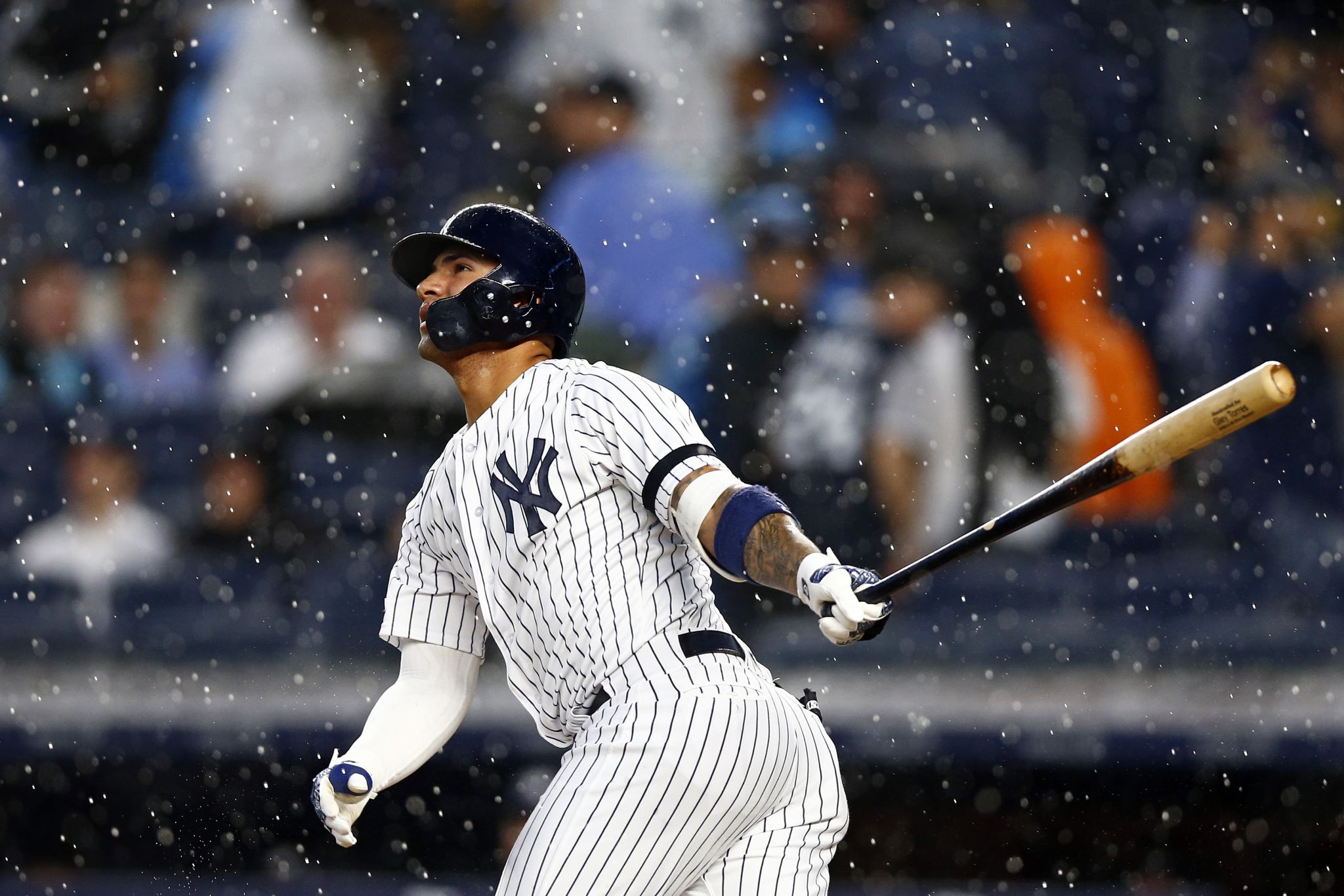 OAKLAND, CA - AUGUST 28: New York Yankees Outfielders Joey Gallo (13), Aaron  Judge (99), and Giancarlo Stanton (27) talks during the MLB game between  the New York Yankees and the Oakland