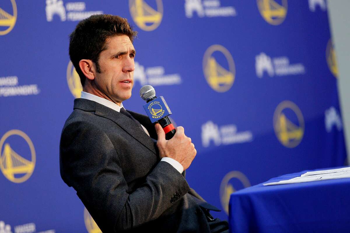 Golden State Warriors general manager Bob Myers addresses members of the news and sports media during the Warriors Draft Night Media event at the Rakuten Performance Center on Thursday, June 20, 2019, in Oakland, Calif. The Warriors selected Jordan Poole (Round 1, Pick 28), Alen Smailagic (Round 2, Pick 39), Eric Paschall (Round 2, Pick 41) and Miye Oni (Round 2, Pick 58).