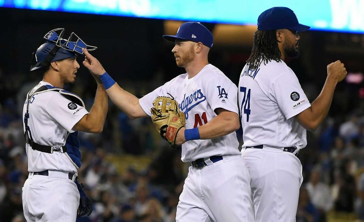 Austin Barnes of the Los Angeles Dodgers celebrates with Justin