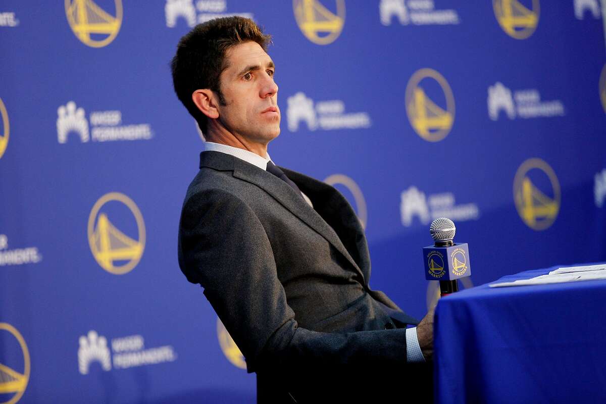 Golden State Warriors general manager Bob Myers addresses members of the news and sports media during the Warriors Draft Night Media event at the Rakuten Performance Center on Thursday, June 20, 2019, in Oakland, Calif. The Warriors selected Jordan Poole (Round 1, Pick 28), Alen Smailagic (Round 2, Pick 39), Eric Paschall (Round 2, Pick 41) and Miye Oni (Round 2, Pick 58).