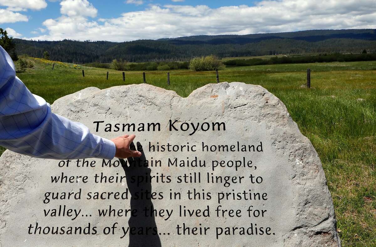 Ken Holbrook, the director of the Maidu Summit Consortium with a monument in the T�smam K�jom Valley near Chester, Ca., on Tuesday May 28, 2019. The Mountain Maidu Tribe is preparing to reclaim the land of their ancestors.
