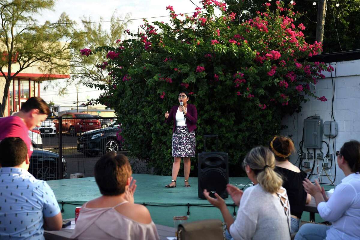 Jessica Cisneros, a 26-year-old immigration attorney, speaks to citizens of Laredo during her first public event at Frontera Beer Garden, Thursday, June 20, 2019.