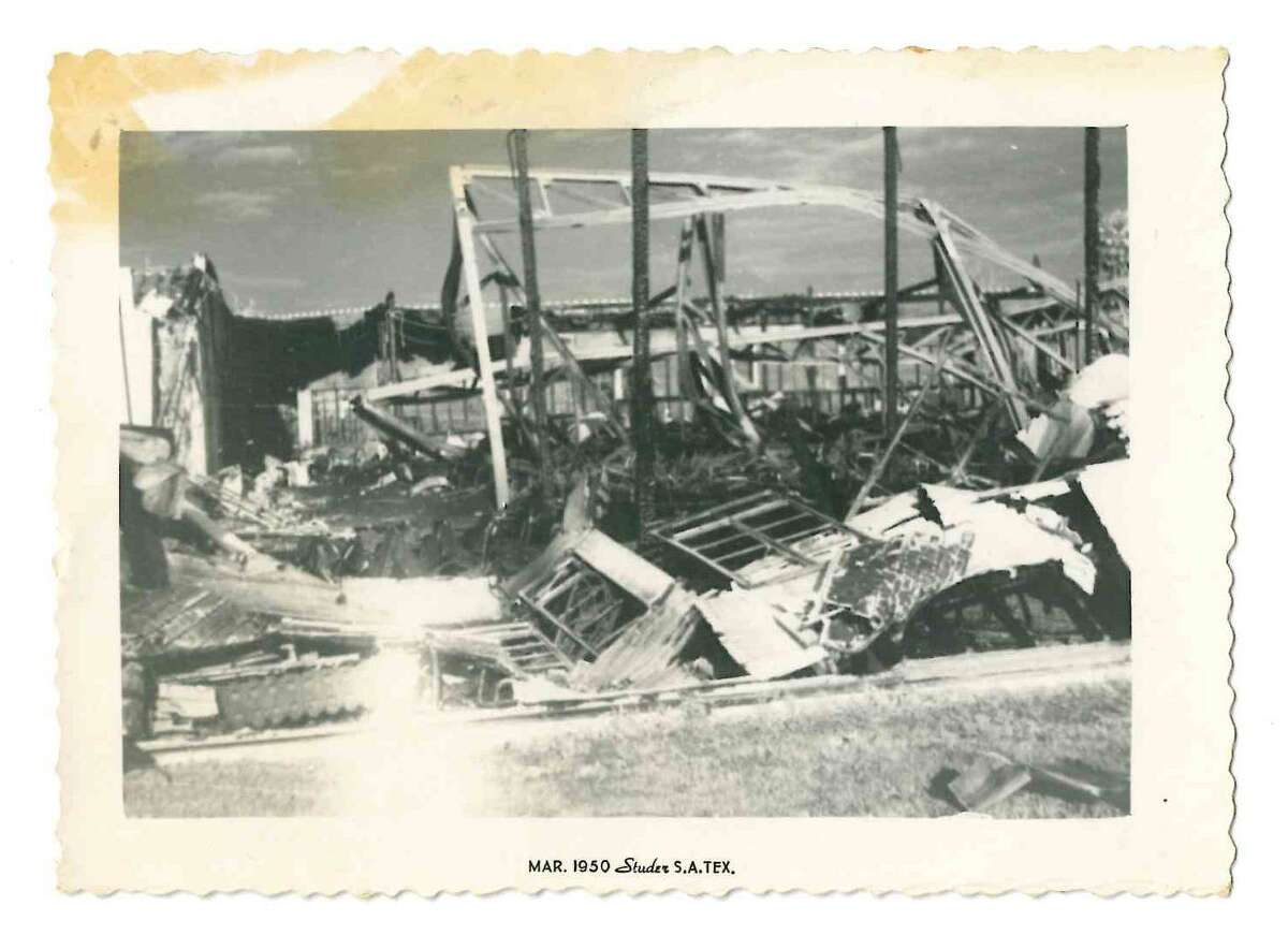 The Olmos Dinner Club's dining room lies in ruins after a fire swept through the building the night of Jan. 14, 1950. According to news accounts of the day, two waiters spotted smoke and turned in an alarm at 9:33 p.m. The estimated 400 guests attending the San Antonio Sales Managers Association party filed out without incident through a single exit, even stopping to collect their hats and coats, as the orchestra kept playing. Three fire engines and a ladder company responded to the blaze, which attracted thousands of onlookers. Some of the guests, dressed in their party clothes, helped with water hoses, according to news reports. The dining room was razed and a new one erected in less than a month. It was back  in business by April that year.