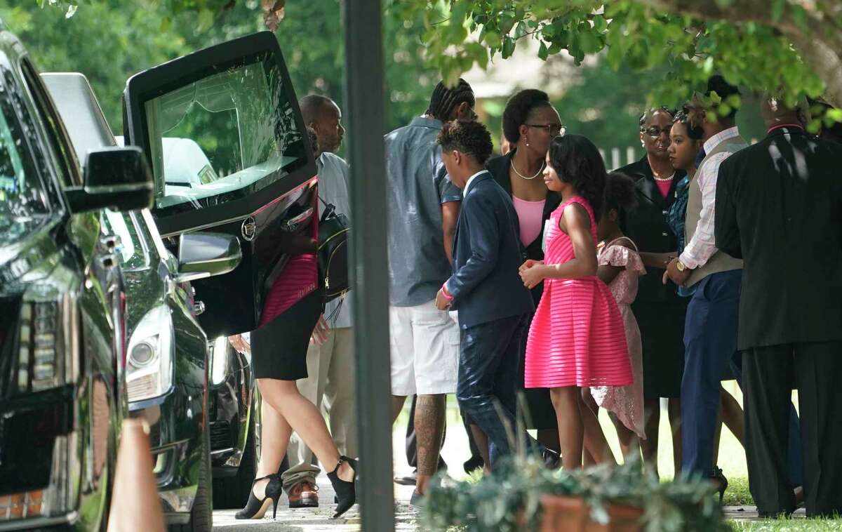 Mourners leave after the funeral service for 4-year-old Maleah Davis at the Crossing Community Church, 3225 W Orem Dr., Saturday, June 22, 2019, in Houston. Derion Vence, the former fiance, of her mother, Brittany Bowens, is charged in connection with her death. Maleah was reported missing May 4 in what Vence first said was an abduction. Maleah's remains were found May 30 in Arkansas.