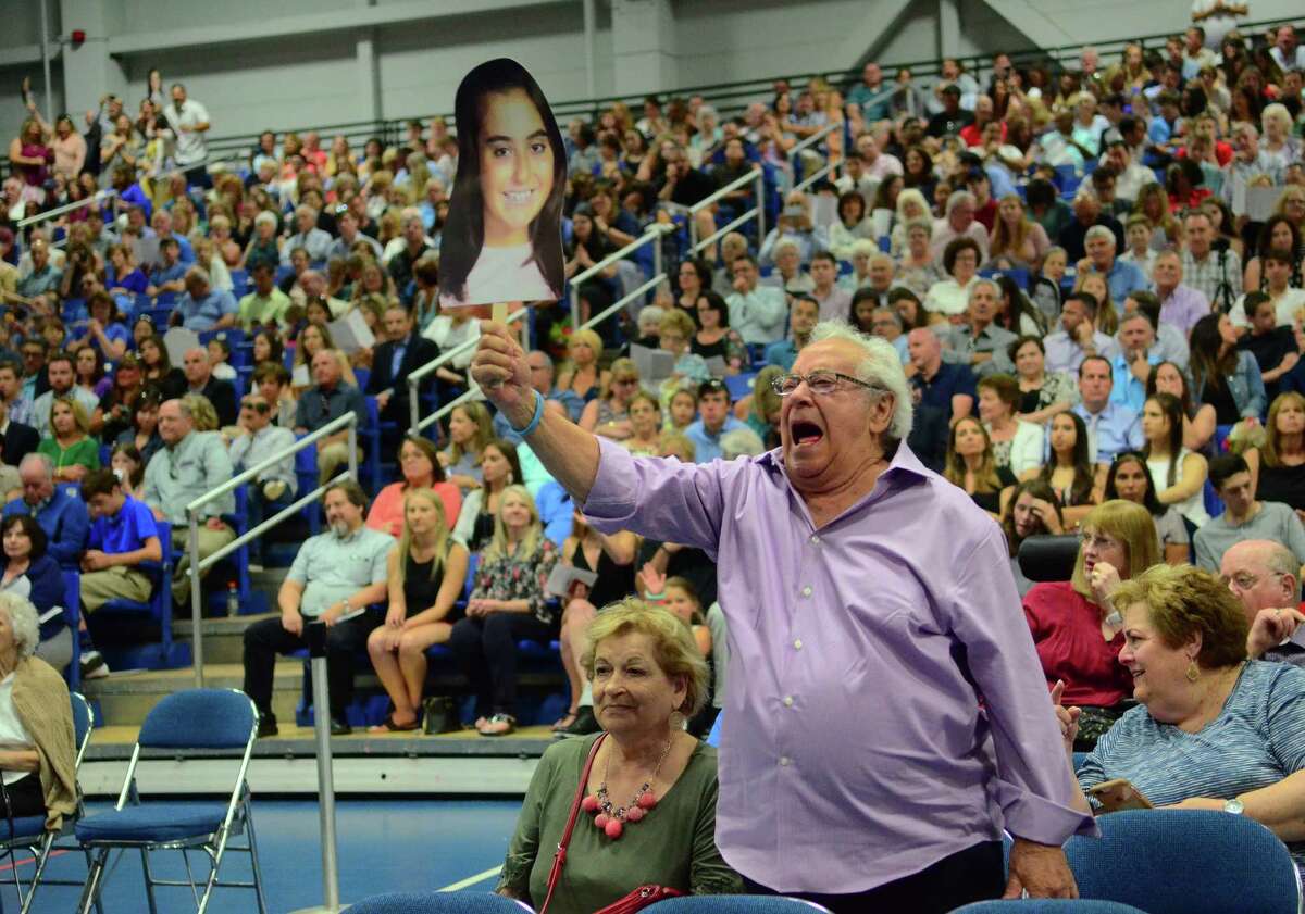 Tony Fevola cheers for his granddaughter Gabriella Pugliesi during Brookfield High School's 53rd Commencement Exercises at at the O'Neill Center at Western Connecticut State University in Danbury, Conn., on Saturday June 22, 2019.