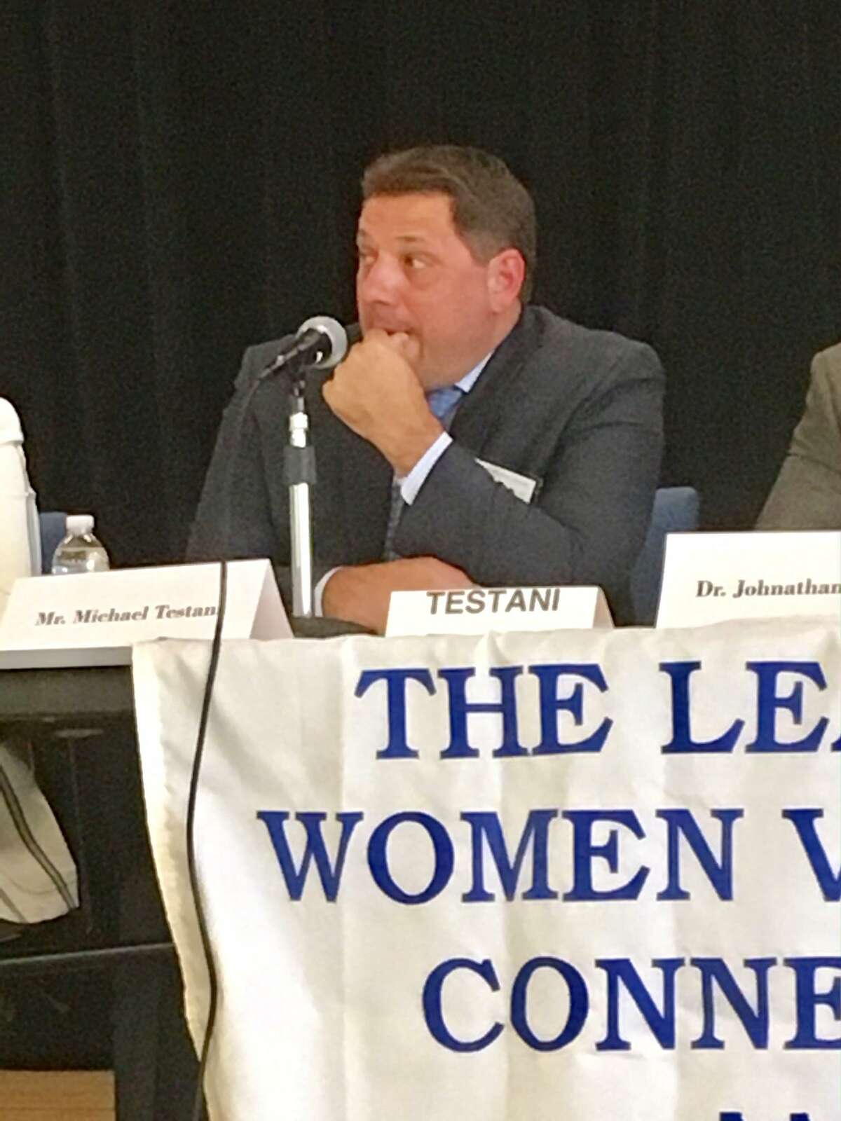 Michael Testani, a candidate for Interim Superintendent in Bridgeport answers a question at a League of Women Voters forum held at Claytor School. June 22, 2019