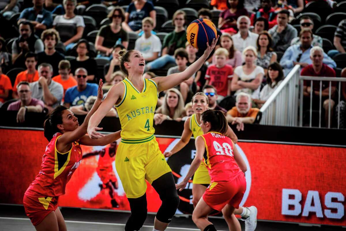 Rebecca Cole, middle, competing at the 3x3 World Cup at the Netherlands. Cole will play for Team World in the upcoming Aurora Games at Times Union Center. (FIBA photo)