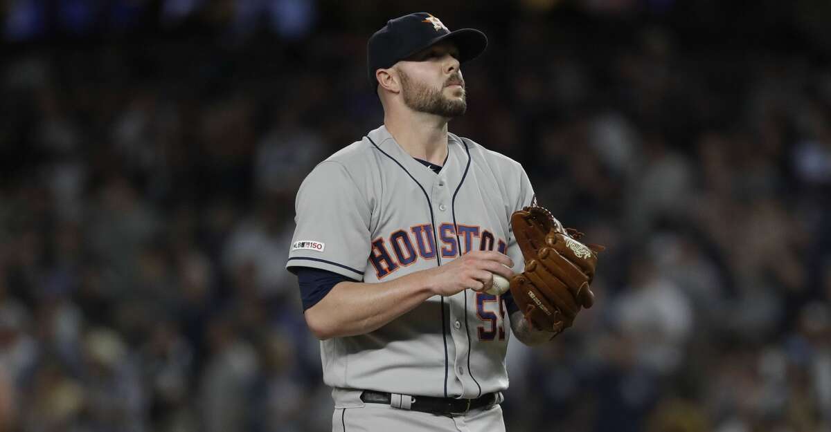 Houston Astros relief pitcher Ryan Pressly reacts after New York Yankees' Giancarlo Stanton hit a two-run single during the seventh inning of a baseball game Saturday, June 22, 2019, in New York. (AP Photo/Frank Franklin II)