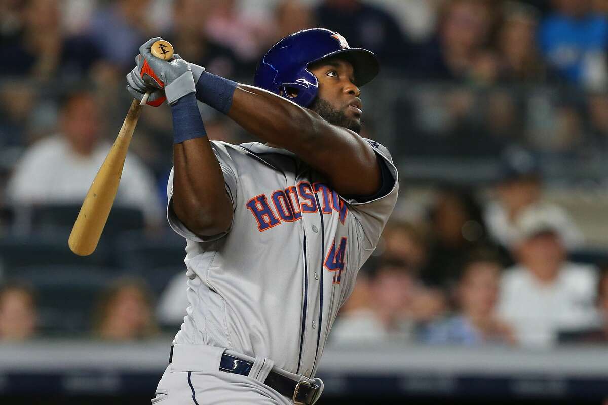 NEW YORK, NY - JUNE 22: Yordan Alvarez #44 of the Houston Astros hits a three run home run against the New York Yankees during the seventh inning of a baseball game at Yankee Stadium on June 22, 2019 in the Bronx borough of New York City. (Photo by Rich Schultz/Getty Images)