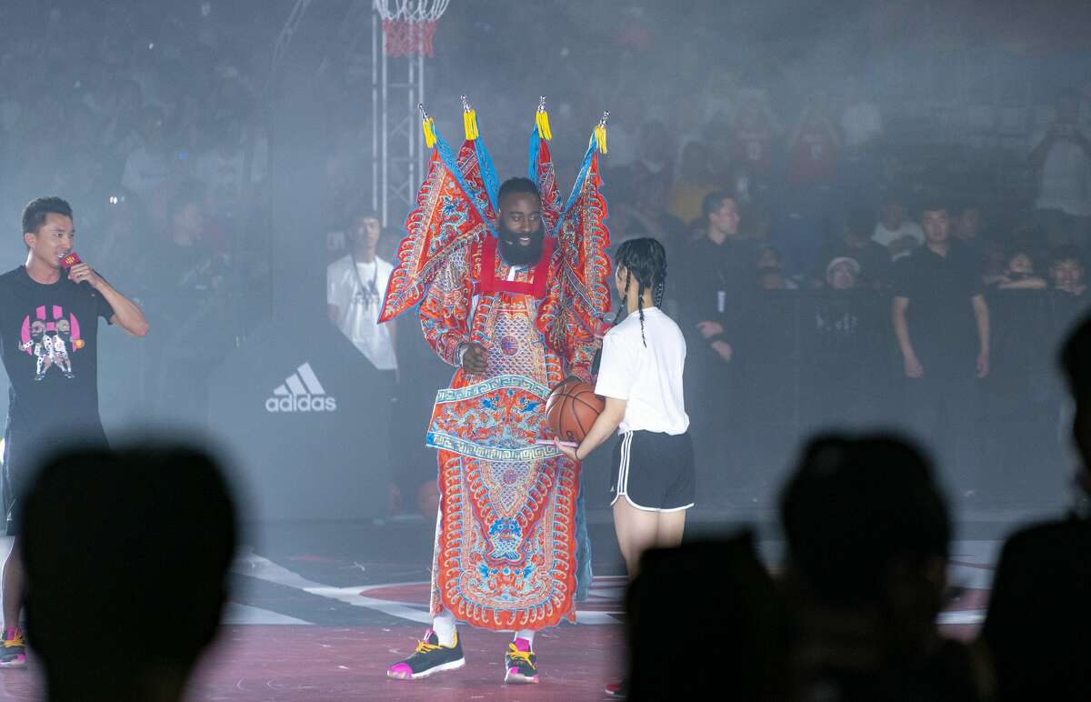 BEIJING, CHINA - JUNE 22: James Harden of the Houston Rockets meets fans at Beijing University of Technology on June 22, 2019 in Beijing, China. (Photo by An Likun/VCG via Getty Images)
