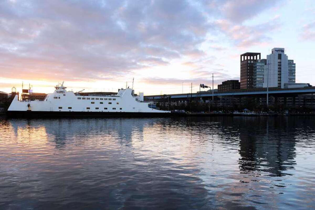 The Bridgeport-Port Jefferson ferry leaves Bridgeport Harbor.