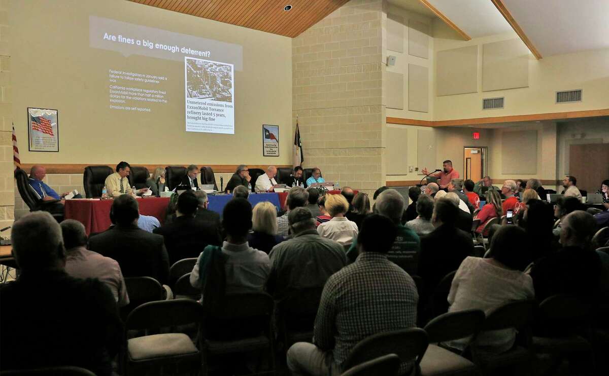 A roomful of Portland residents in opposition and in favor of an Exxon MObil-SABIC project attend a meeting by the Gregory-Portland ISD school board in 2017. In filings for tax incentives, the companies committed to fewer jobs than they discussed in public relations materials and media articles.