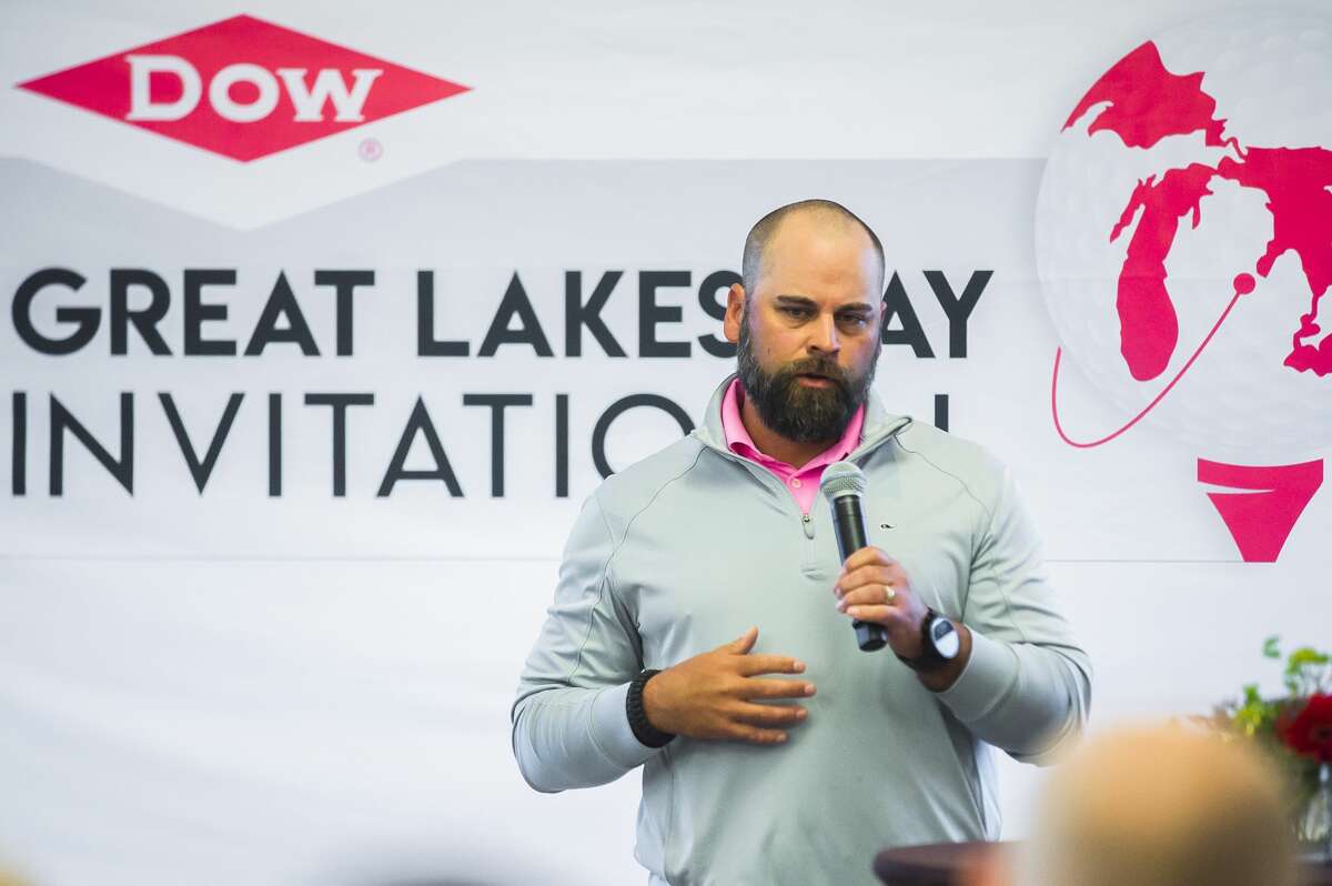 Jason Brown, co-founder of BeAlive, speaks during a Media Day event for the upcoming Great Lakes Bay Invitational on Monday, June 24, 2019 at the Midland Country Club. (Katy Kildee/kkildee@mdn.net)
