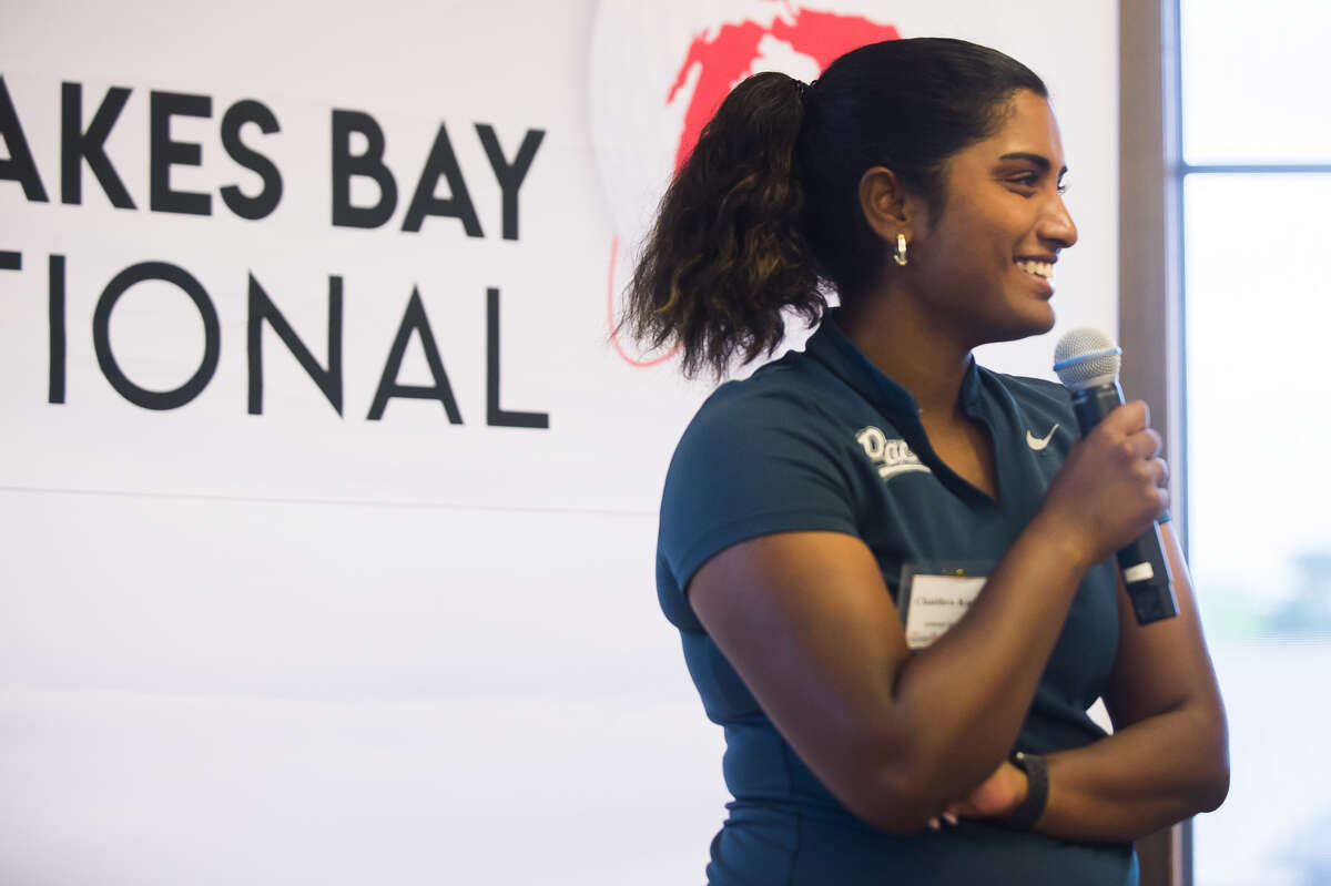 Chaithra Katamneni speaks during Monday's Dow Great Lakes Bay Invitational Media Day at the Midland Country Club. Katamneni, who moved to Midland from Dallas, Texas, last year, will compete in the inaugural GLBI with playing partner Elayna Bowser.