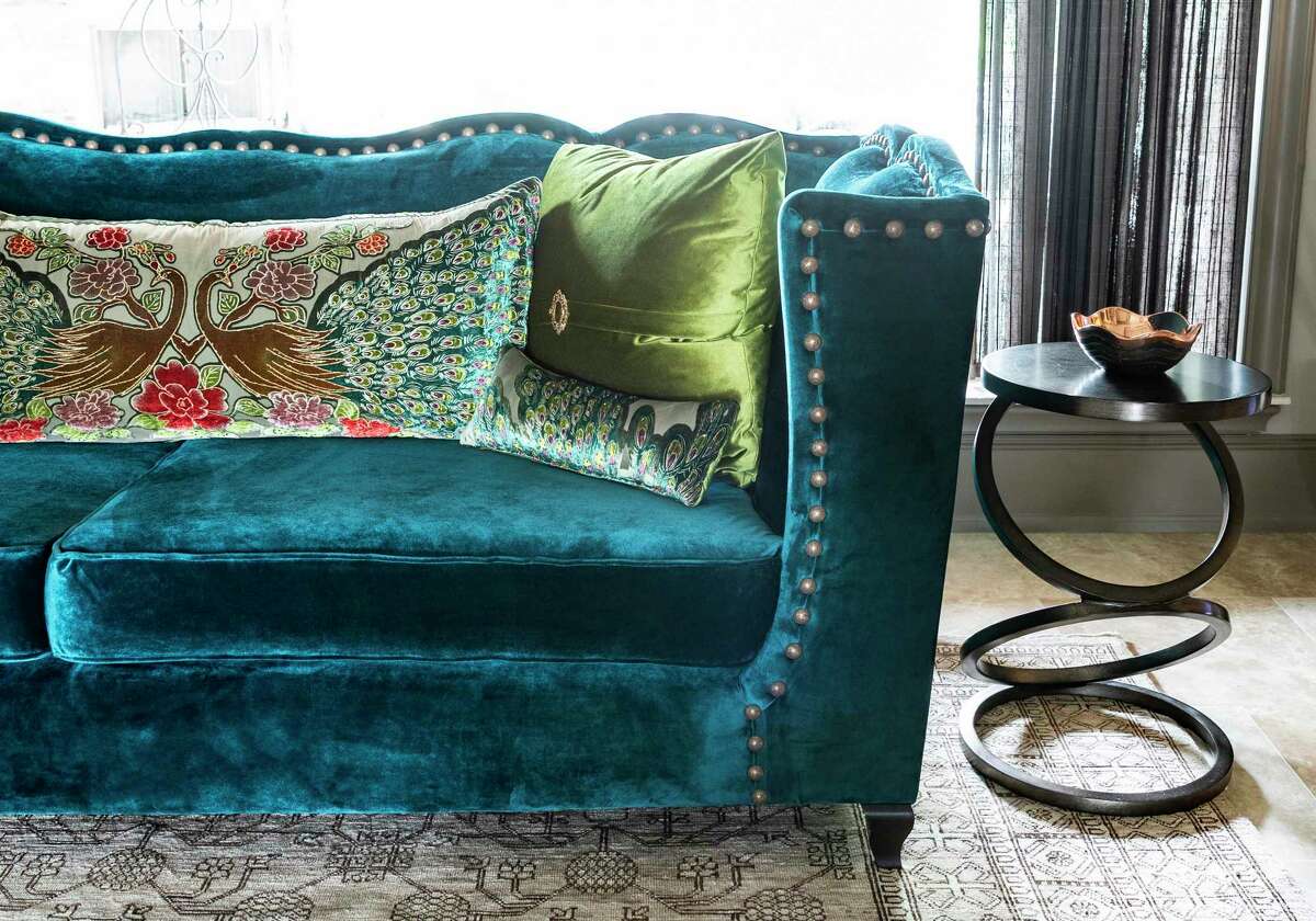 Their brown leather sofa was ruined, so Shari Ziebarth decided she would replace it with color. She googled “turquoise sofa” and found this one.