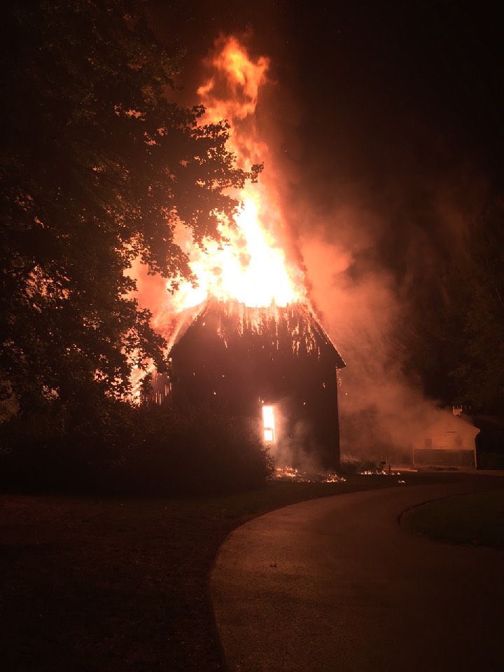 Exploding Barn VIDEO: Large fire destroys barn; firefighters protecting nearby structures