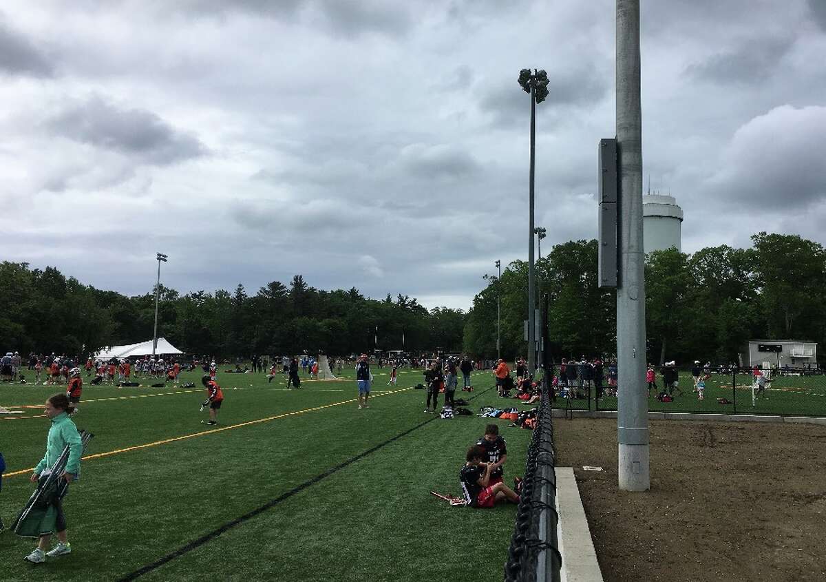 Looking south with the new turf fields at left and rebuilt Water Tower Field 1 at right, during the Cochran Classic lacrosse tourney June 3. — Greg Reilly photo