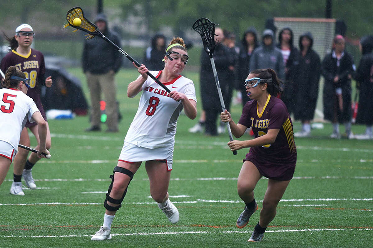 New Canaan senior Gianna Bruno takes a shot during the Rams' 19-4 win over St. Joseph on Wednesday, May 16. — Dave Stewart photo