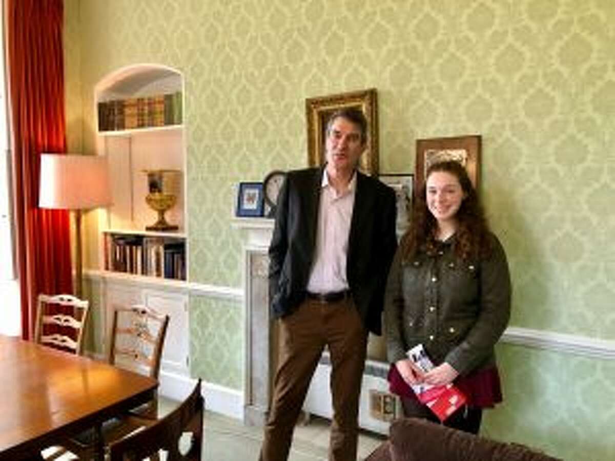 A junior from The St. Luke's school in New Canaan recently visited Corpus Christi College Oxford. Corpus Christi College President Steve Cowley with Clara Pakman of St. Luke’s School during her visit to Oxford. — Contributed photo