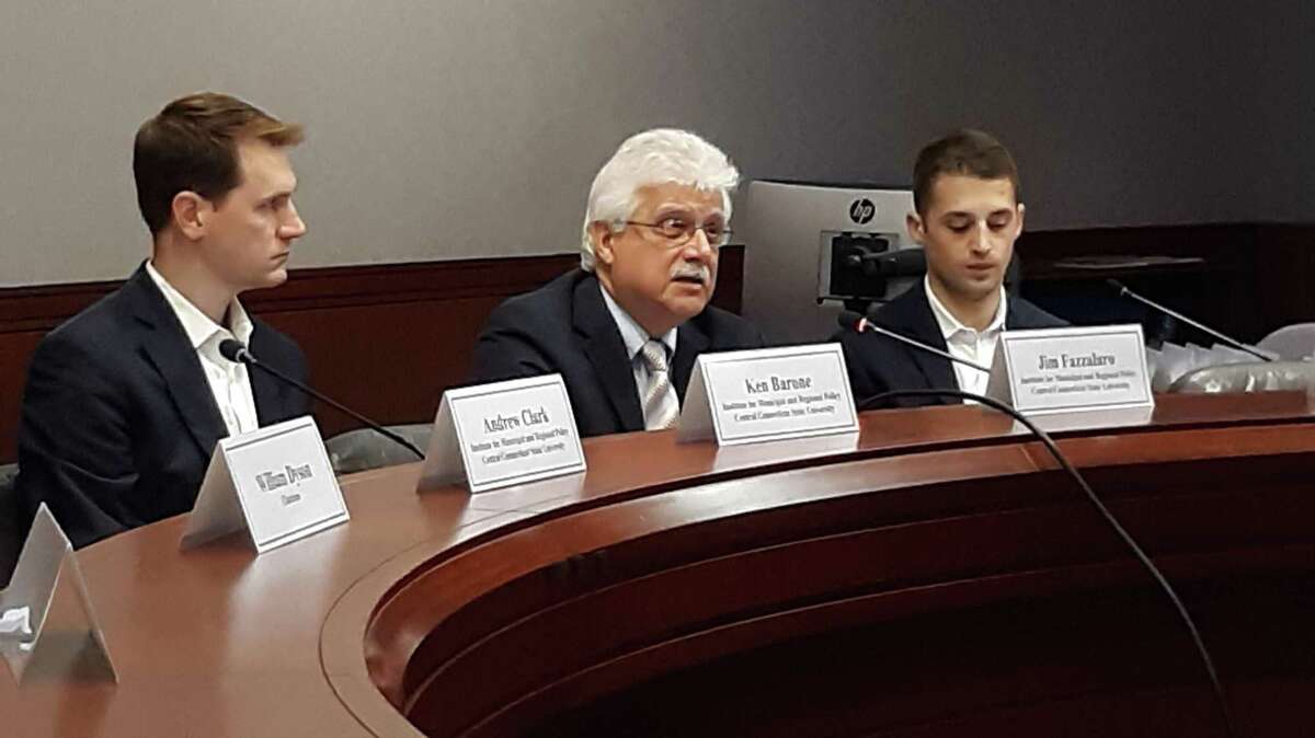 From left, Ken Barone, Jim Fazzalaro, and George Sinclair, all from Central Connecticut State University's Institute for Municipal and Regional Policy discuss their findings released Tuesday in the fourth annual Connecticut Racial Profiling Project report.