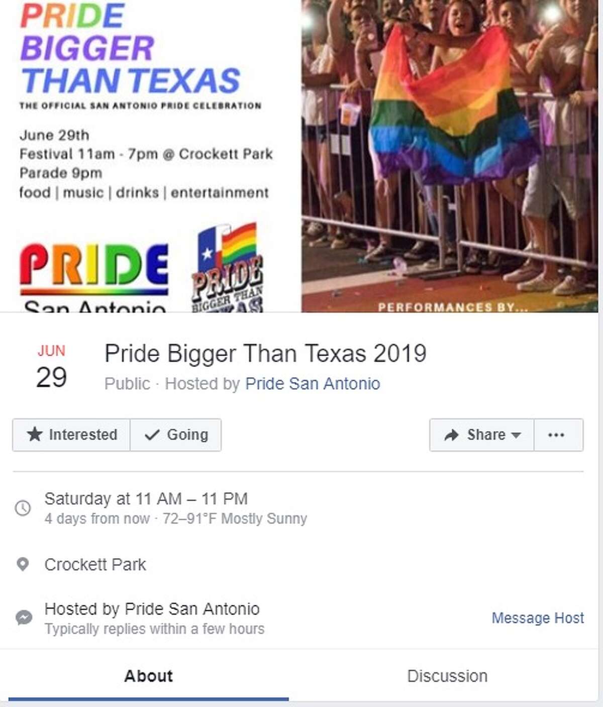 Pride Bigger Than Texas is the official San Antonio Pride Celebration. The festival runs from 11 a.m. to 11 p.m. Saturday, June 29 at Crockett Park. Parade begins at 9 p.m.