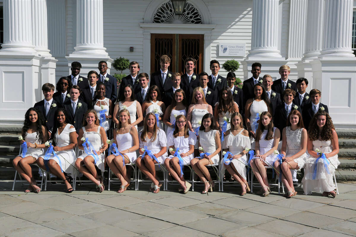 The 38 members of New Canaan Country School’s Class of 2019 included (Front row left to right): Himani Narayan of Norwalk, Sydney Osinloye of Norwalk, Kyle Latimer of Darien, Ellie Hanson of New Canaan, Gigi Morgan of Darien, Lindsay Ferretti of Darien, Bridget Keogh of New Canaan, Anna Sheridan of New Canaan, Ella Zea of New Canaan, Caroline Blouin of Darien, Ellie Walker of Darien. (Second row left to right): Cody Comyns of New Canaan, Logan Johnson of New Canaan, Paige Davis of New Canaan, Ella Schoonmaker of Darien, Gwen Thompson of Darien, Margaret Boeschenstein of New Canaan, Dylan Seth of New Canaan, Daniela Soto of Stamford, Layla Magnusen of Norwalk, Andrew Almeida of New Canaan, Alex Almeida of New Canaan. (Third row left to right): Amitav Nott of New Canaan, Mason Zea of New Canaan, Connor Walsh of Wilton, Stanley Bright of New Canaan, Evan Hayes of New Canaan, Noah Rizvi of New Canaan, Nikolas Cadoret of Stamford, Seth Yoo of Pound Ridge. (Fourth row left to right): Anthony Crossman of Stamford, Carl Coridon of Stamford, Peter Diorio of West Redding, Charlie Gosk of Darien, Jack DeGulis of Darien, Ravi Conway of Stamford, Mason Pratt of Trumbull, Reed Parmelee of New Canaan. New Canaan Country School / Contributed photo
