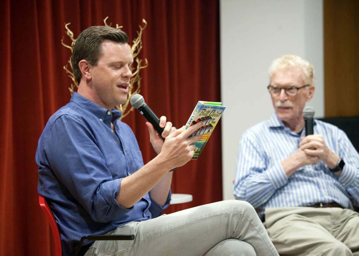 Willie Geist, co-host of MSNBC’s Morning Joe, interviewed his father Bill Geist, who is a New York Times-bestselling author and former journalist for the CBS Sunday Morning at the New Canaan Library on May 19, 2019. Contributed photo