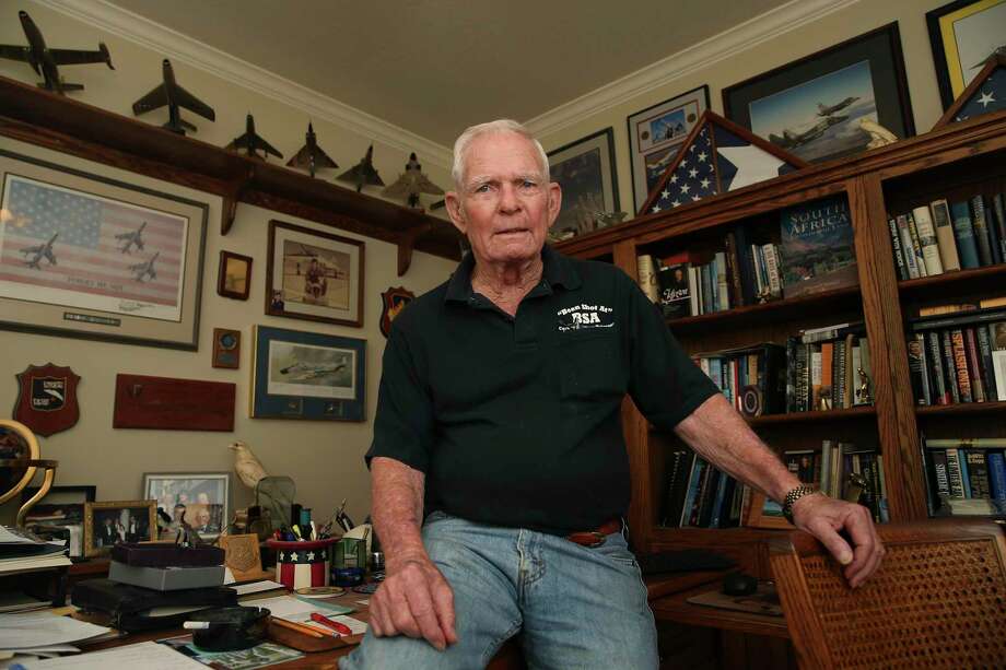 Planes flown by retired Air Force Lt. Col. Bob Pardo decorate his office at his home in College Station. Pardo is known for a maneuver that became known as ‘Pardo’s Push.’ On March 10, 1967, then Capt. Pardo’s F-4 and another flown by Capt. Earl Aman were severely damaged by enemy fire while trying to bomb a steel mill in North Vietnam. Aman’s F-4 was leaking fuel and he and his weapons officer would have to eject into enemy territory. Pardo used the tailhook of Aman’s jet to push him 88 miles into Laos, where both crews were able to eject. Photo: Jerry Lara /Staff Photographer / © 2019 San Antonio Express-News