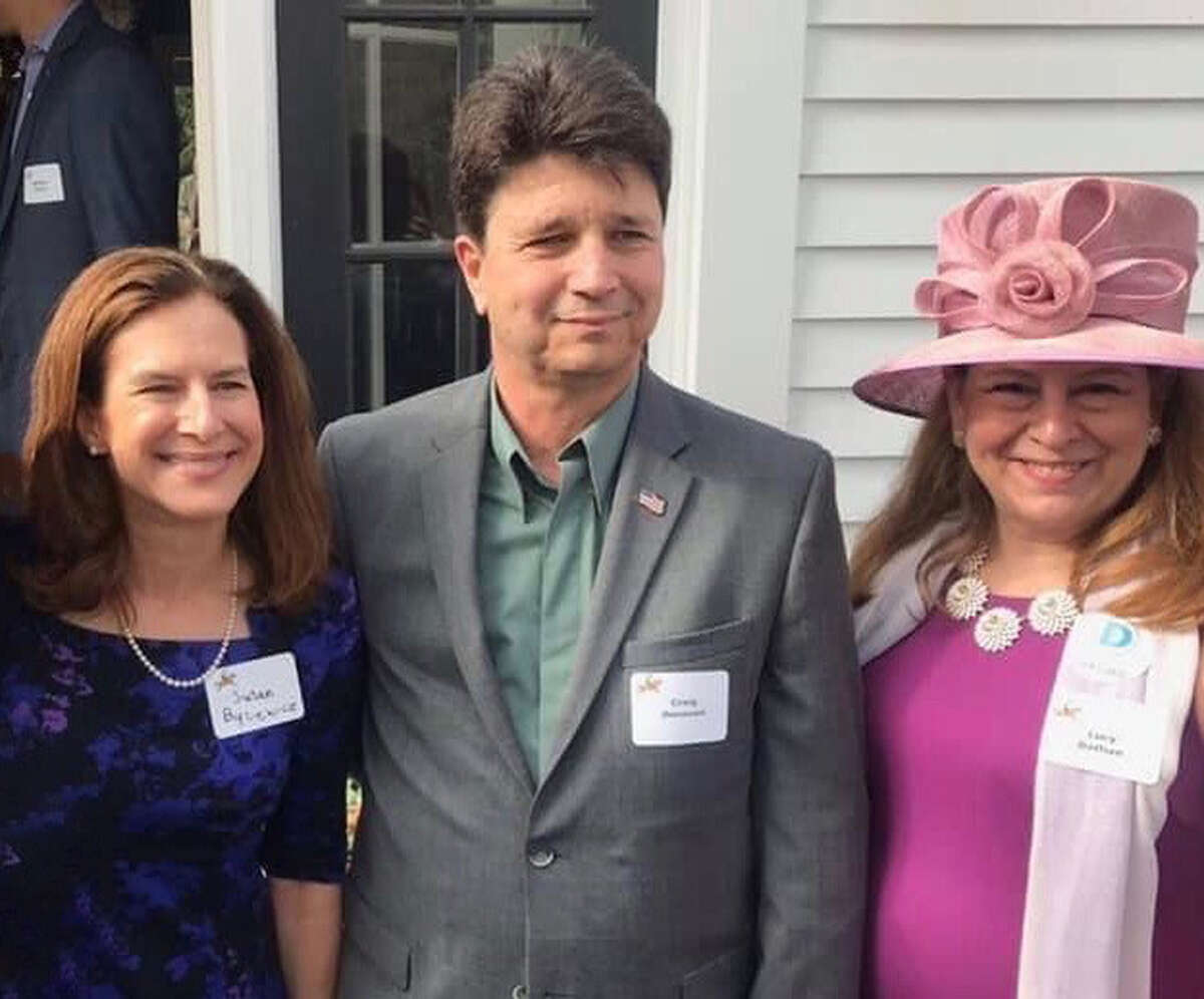 Lt. Gov. Susan Bysiewicz joins Democratic first selectman candidate Craig Donovan and State Rep. Lucy Dathan during Saturday’s Derby for Democracy Party hosted by The New Canaan Democrats at a private home. Contributed photo