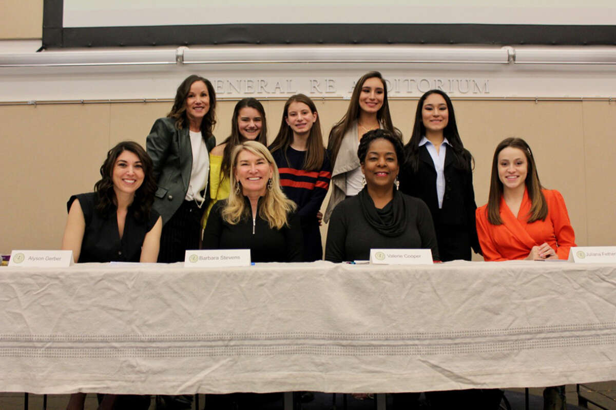 LiveGirl winners' ideas at a recent LiveGirl event aim to make the world better. #GirlBoss contest winners and mentors at March 23 LiveGirl event (UConn Stamford), back from left, Sheri West (founder and CEO, LiveGirl), Caroline Taylor, Isabella Piazza, Stephanie Guza, Caroline Guza; front from left, Alyson Gerber (author, “Brace”, “Focused”), Barbara Stevens (president ,Rand Insurance), Valerie Cooper (founder, Picture That Art LLC) and Juliana Fetherman (founder, Making Authentic Friendships LLC). — LiveGirl / Contributed photo