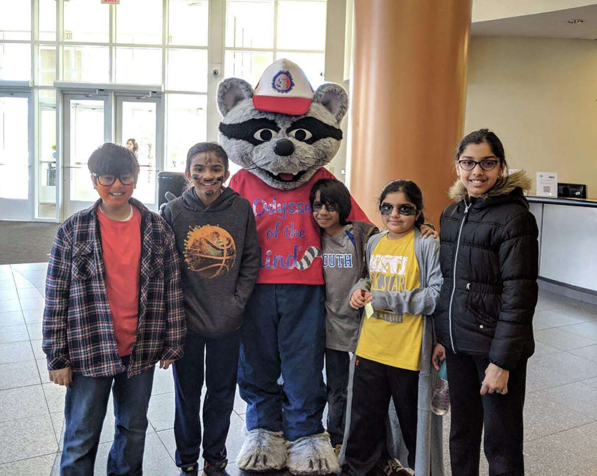 A team of third through fifth graders took third in the Vehicle competition in Division I in the Odyssey of the Mind state championships. From left are Daniel Vindas, Ananya Malhotra, Odyssey of the Mind mascot Omer, Arihanth Pharshy, Sachi Malhotra and Siya Sukhani. — Contributed photo