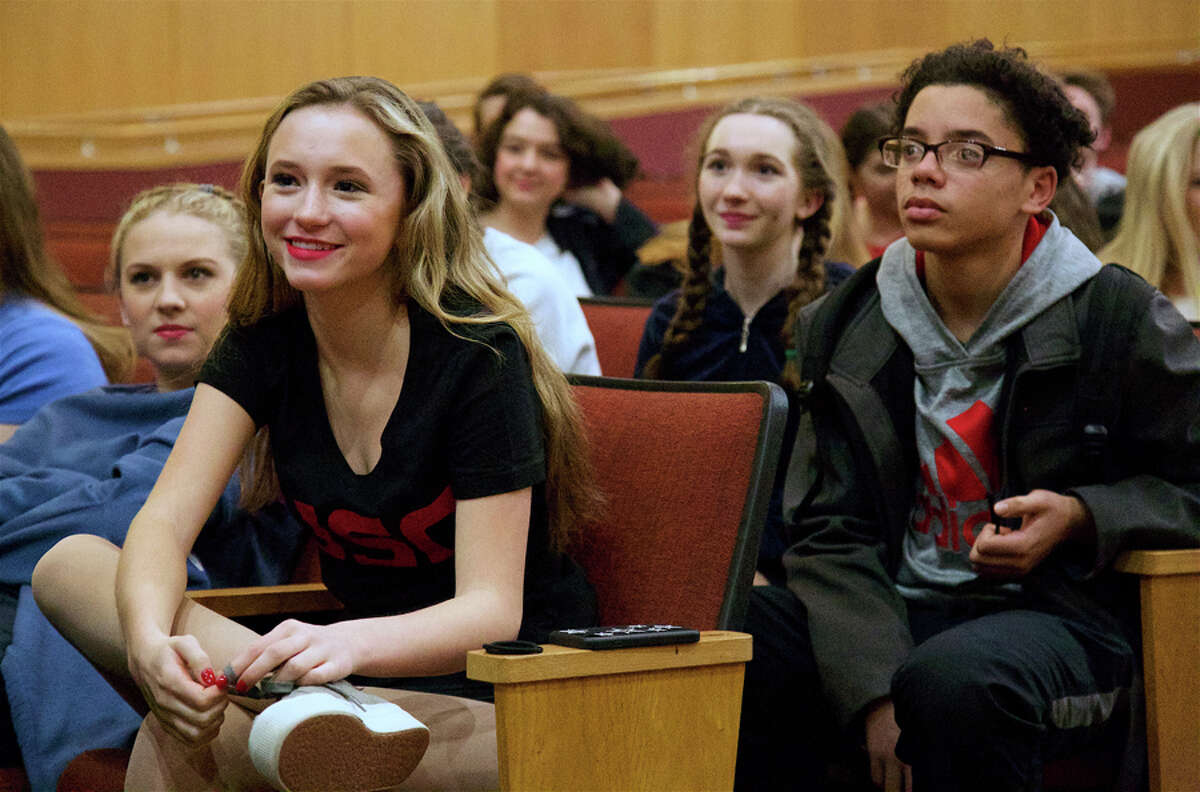 Mia Wells, 14, and Ivan Tamayo, 16, members of the cast of this weekend’s production of “Anything Goes” at New Canaan High School, listen to instructions during rehearsals earlier this week. — Jarret Liotta for Hearst Connecticut Media