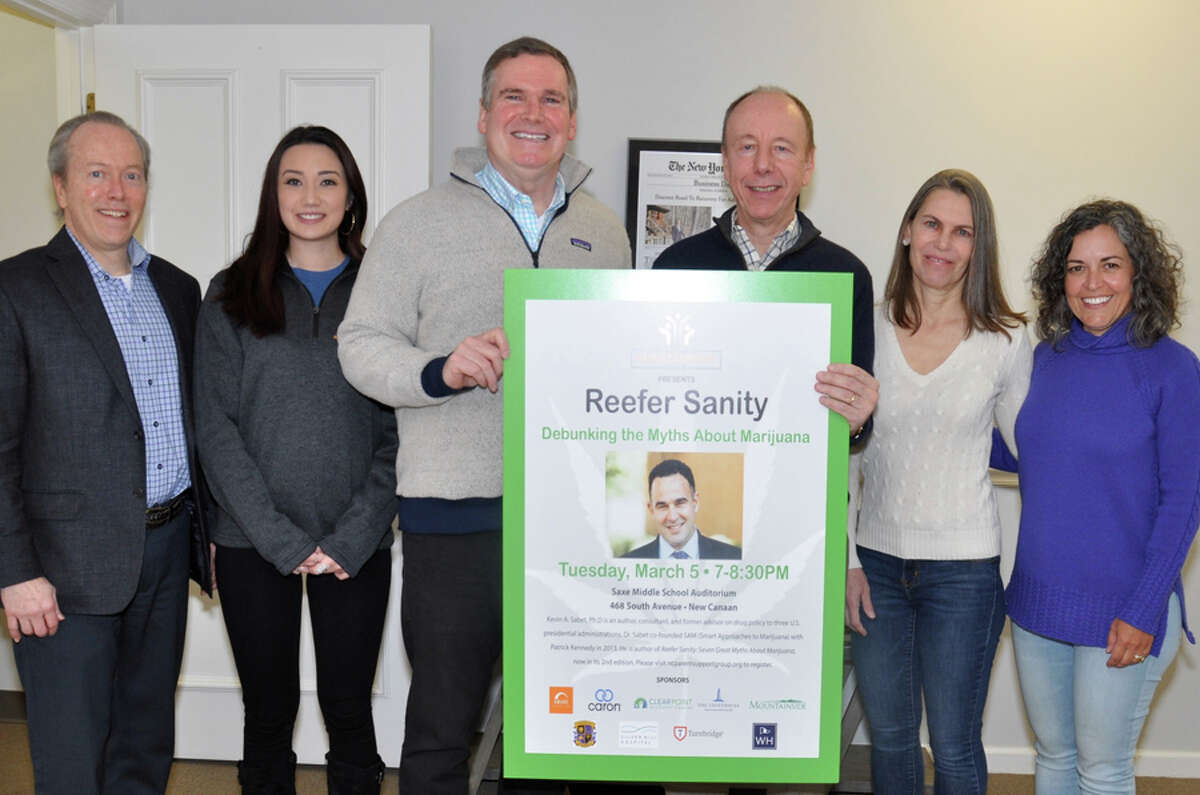 The New Canaan Parent Support Group and community organizations will host Reefer Sanity: Debunking the Myths About Marijuana with Kevin Sabet, Ph.D., on Tuesday, March 5, at 7 p.m. at Saxe Middle School, in the auditorium. (left to right) Leo Karl, New Canaan Community Foundation; Tiffany Mongillo, Aware Recovery Care; John Hamilton, Liberation Programs; Paul Reinhardt, New Canaan Parent Support Group; Jenny Urbahn, New Canaan Parent Support Group and Cyra Borsy, St. Mark’s Episcopal Church. — Valerie Stryker / Contributed photo
