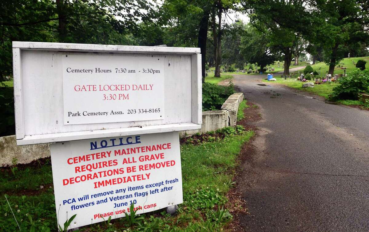 A view of the entrance to Park Cemetery. A woman who had taken over management of the cemetery is appealing a Superior Court decision that created a three-member appointed board to oversee the troubled burial ground.