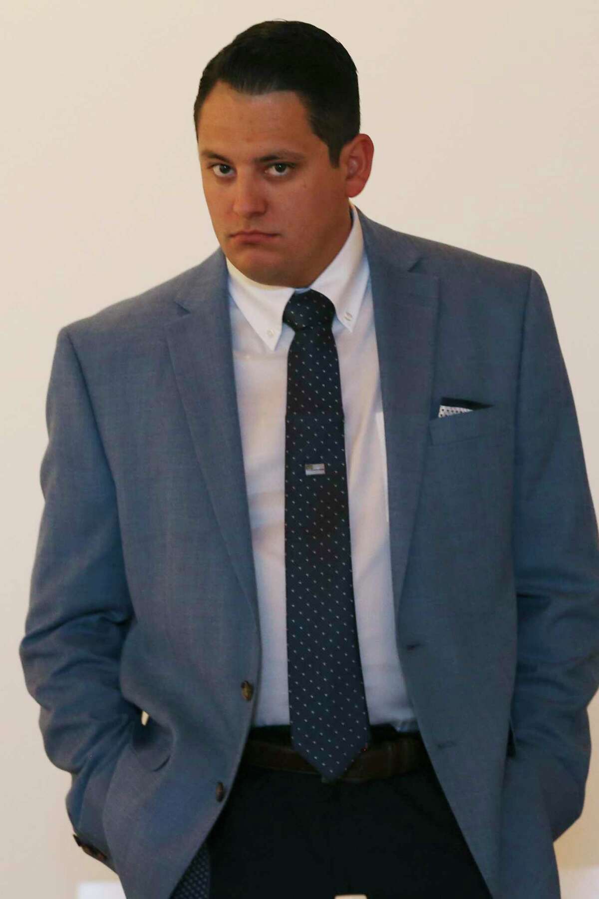 Fired San Antonio Police officer Justin Ayars attends an arbitration hearing June 25, 2019, about his appeal to get his job back. Ayars was fired after an altercation with his then-fiance, Krista Cooper-Nurse. Chief William McManus fired Ayars in August, finding that Ayars violated two rules.