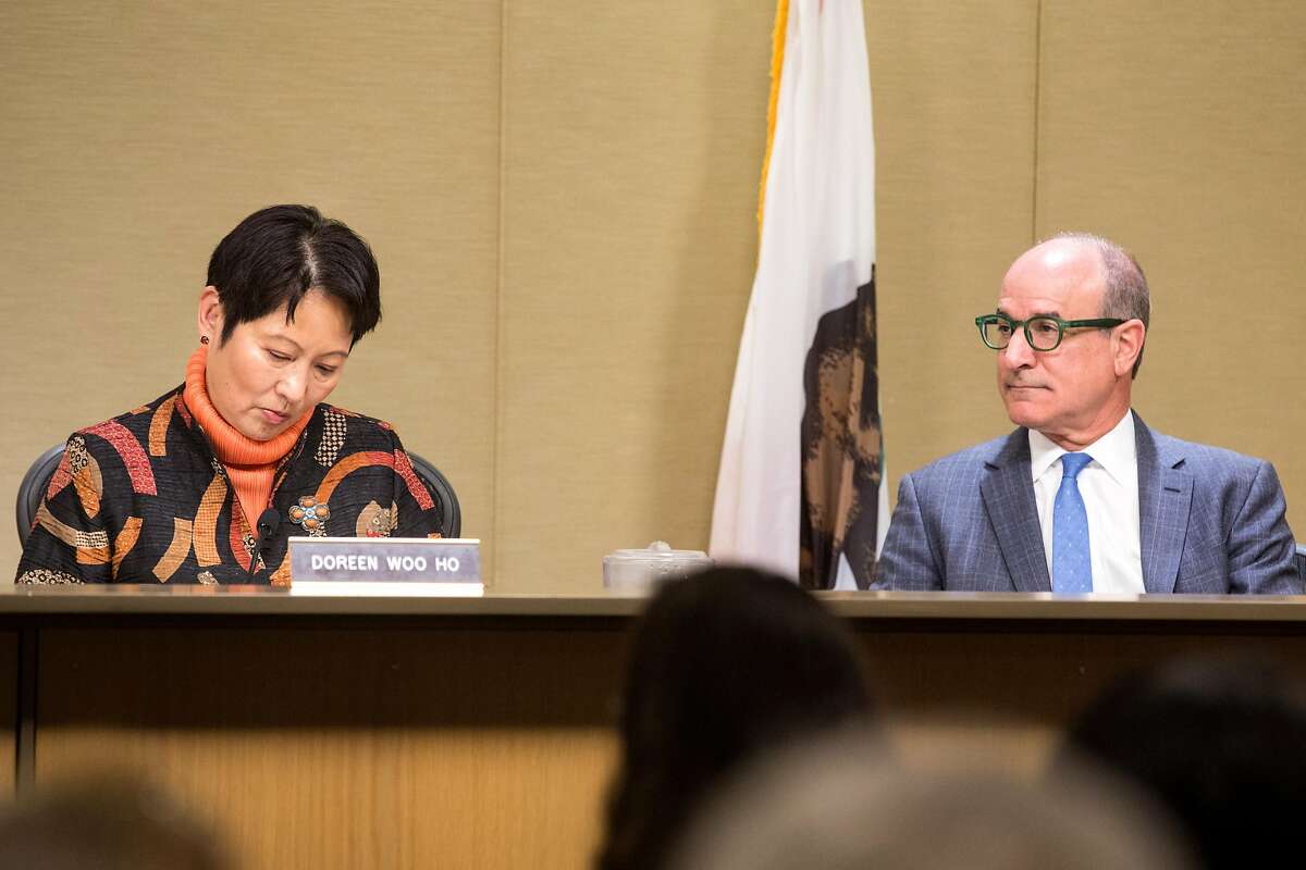 Doreen Woo Ho and Victor Makras during the Port Commission meeting at Ferry Building that will determine whether a homeless navigation center/shelter will be built on the Embarcadero. Tuesday, April 23, 2019. San Francisco, Calif.