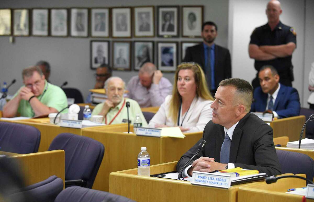 Chris Murtha, deputy chief of the Prince George’s County Police Department in Maryland, faces a line of questions by Stamford representatives on the city’s Appointment Committee before hundreds of residents packed in the Legislative Chambers of the Stamford Government Center on June 22.