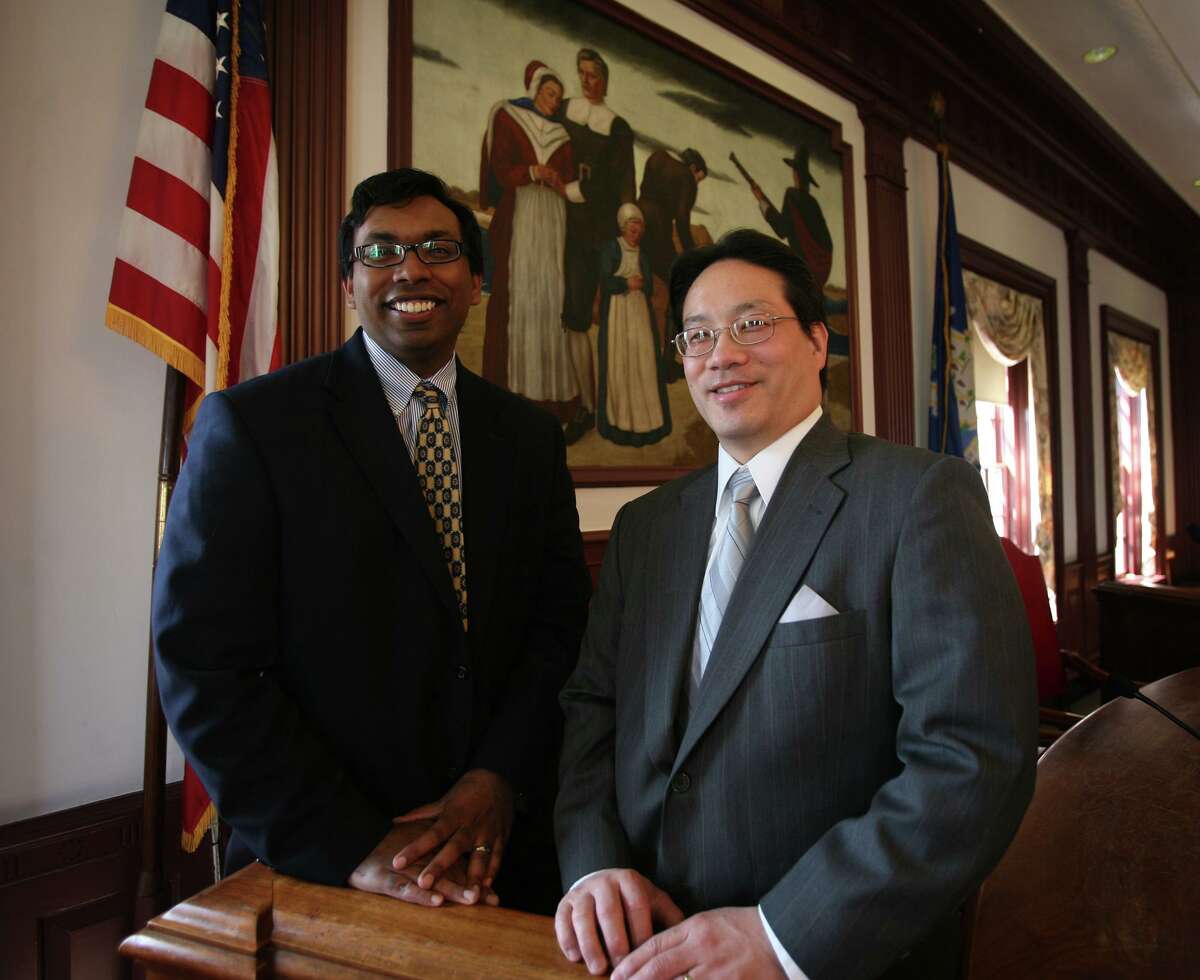 Former Stratford chief administrative officer Geen Thazhampallath is shown with Director of Human Resources Ronald Ing.