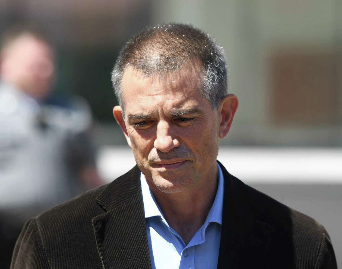 Fotis Dulos speaks after making an appearance at Connecticut Superior Court in Stamford, Conn. Wednesday, June 26, 2019. Fotis Dulos appeared with his attorneys, Norm Pattis and Rich Rochlin, for a hearing Wednesday on motion by a divorce attorney for Jennifer Dulos to have Fotis Dulos and his attorneys held in contempt and for the court to impose sanctions for violating a judge’s order that sealed a custody and psychological evaluation conducted on the Dulos family.