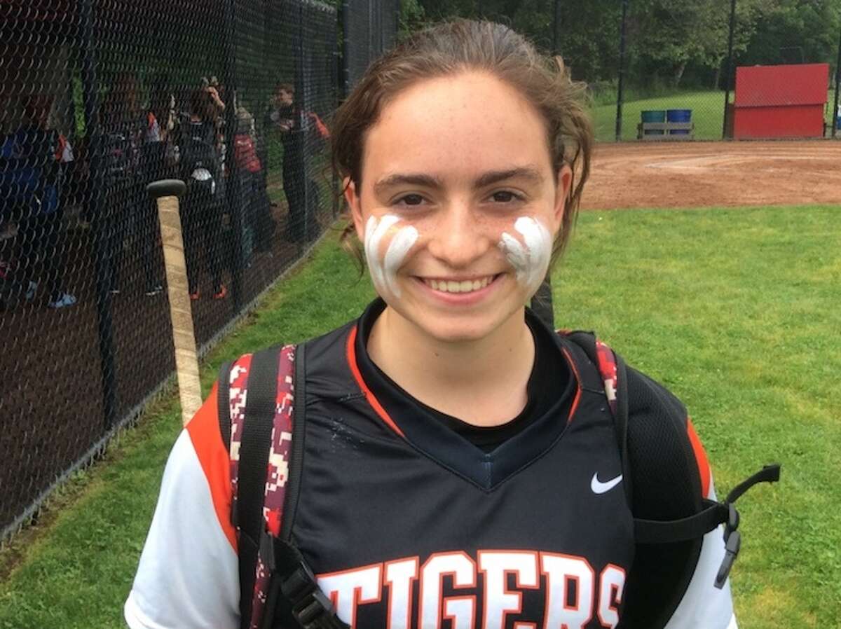 Skylar Arent was the winning oitcher and drove in six runs as the Ridgefield High softball team beat Greenwich in the first round of the state tournament. — David Fierro photo