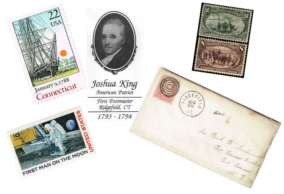 Some of the stamps that are on display at "Postal Ridgefield: An Exhibit at Town Hall" this summer.