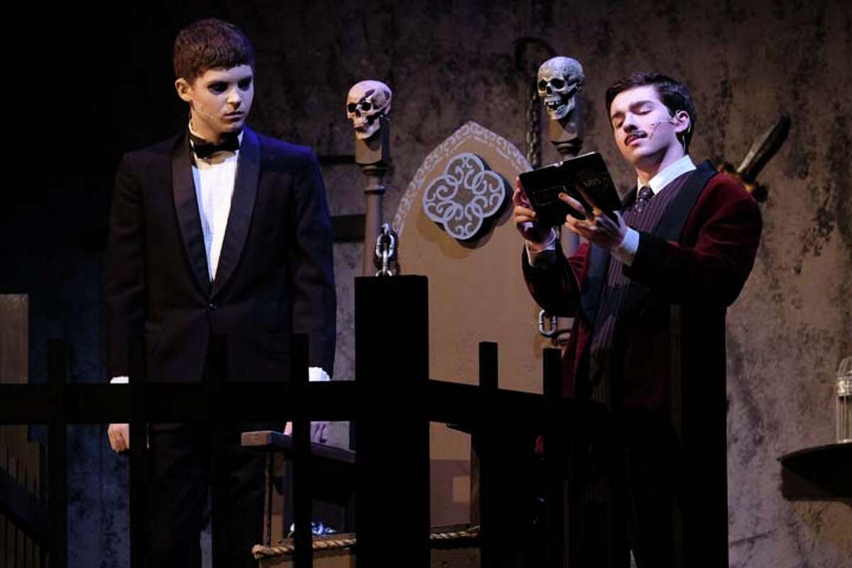 Ridgefield High School senior Evan Smolin as Gomez Addams (right) and junior Matt Carpenter as Lurch (left) have been nominated for Halo Awards. The awards event will take place on June 3 at the Palace Theater in Waterbury.