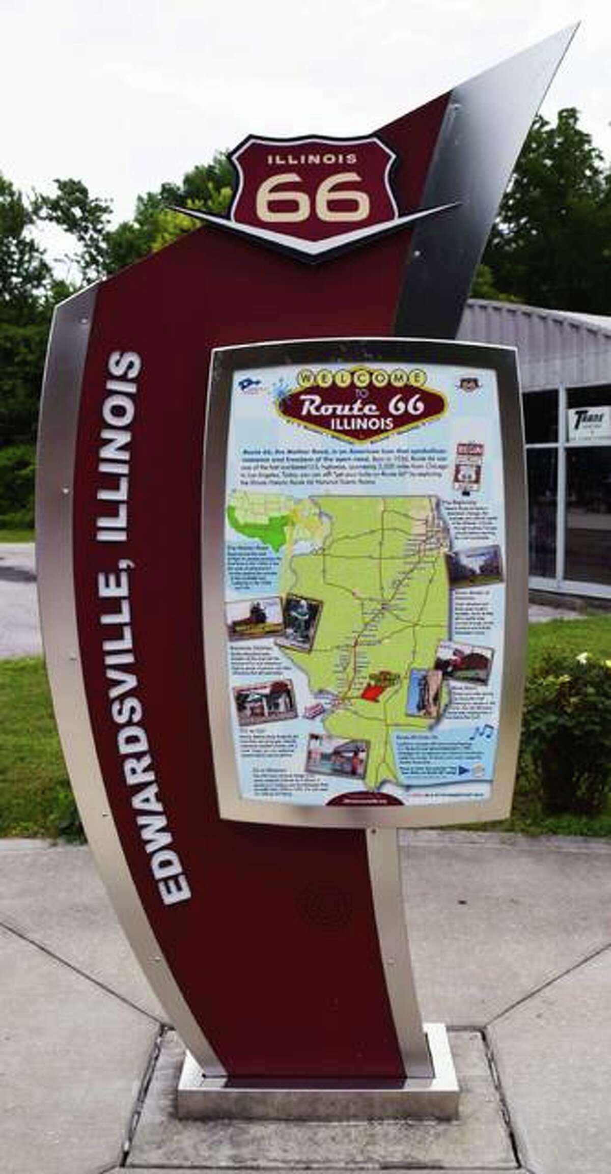 Route 66 road map and information sign at the intersection of W. Schwarz St. and Rt. 157 in Edwardsville