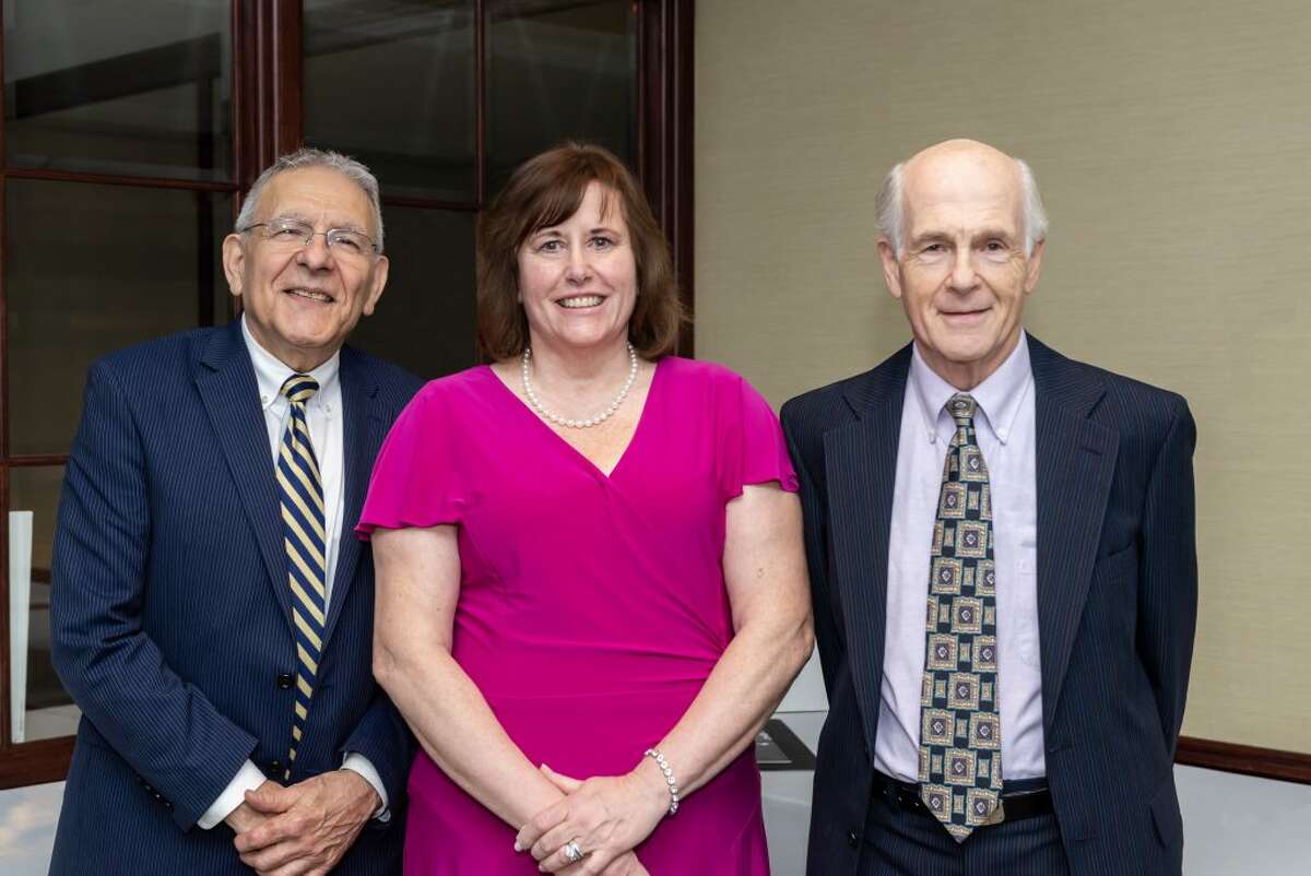 Trumbull Superintendent and keynote speaker Dr. Gary A. Cialfi, 2019 Weller Excellence in Teaching Award recipient-Trumbull, Sheila Craw, with Vice Chairman, The Weller Foundation, Incorporated, Dr. Michael P. Zabinski.
