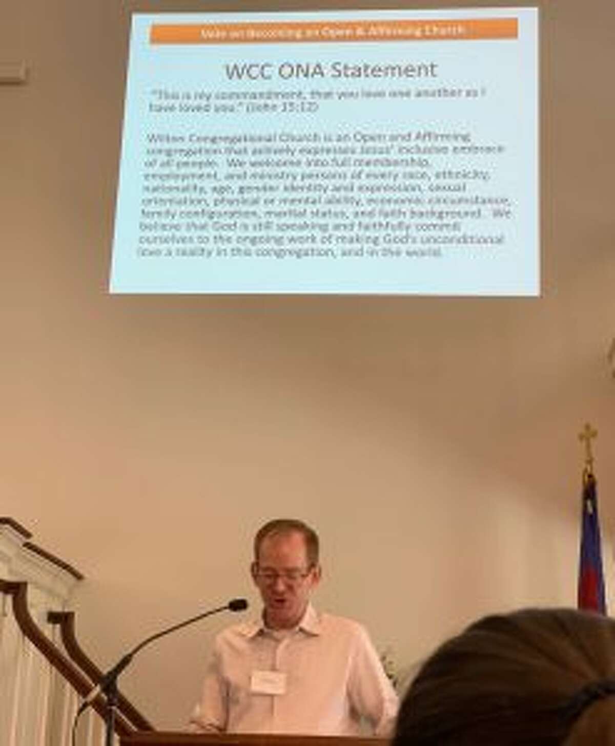 Rob Eason calls for a vote designating Wilton Congregational Church 'Open and Affirming.' — Contributed photo