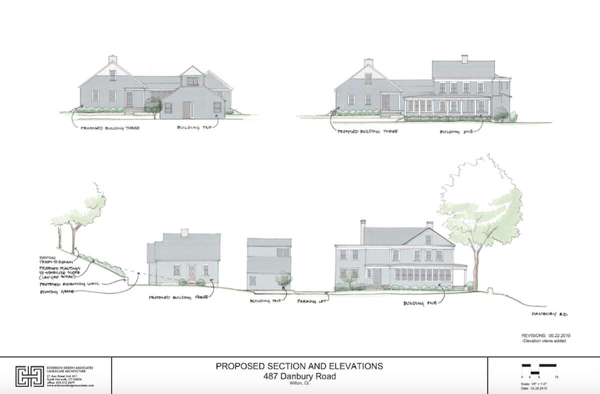 A rendering of the proposed apartments and present building at 487 Danbury Road.