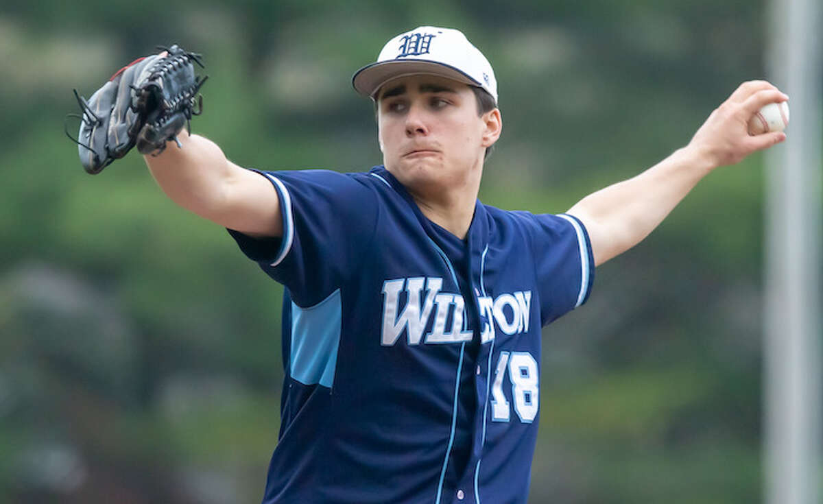 Mike Angerame throws a pitch during a recent Wilton High game. - GretchenMcMahonPhotography.com
